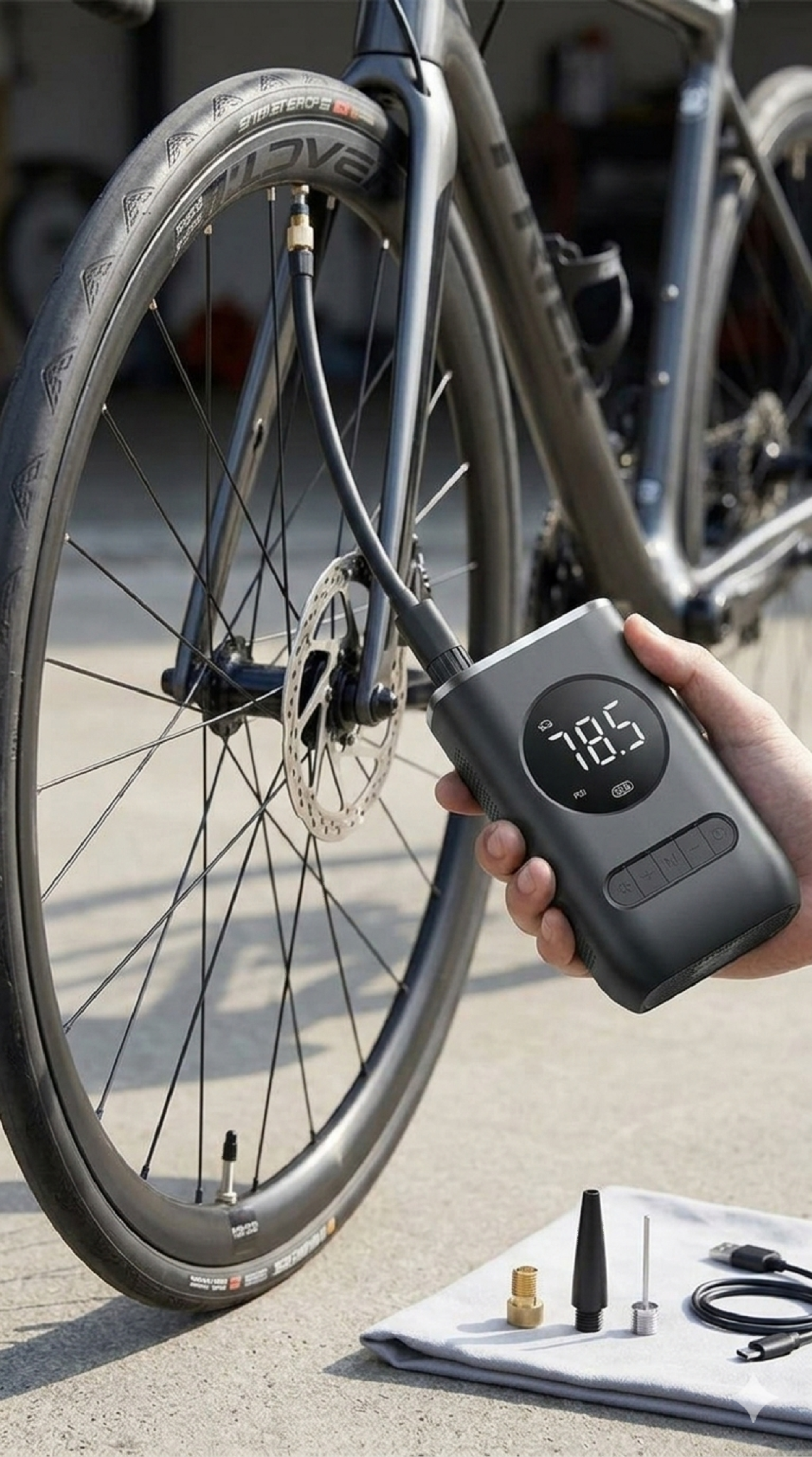 Mini calibrador portátil usado em uma bicicleta
